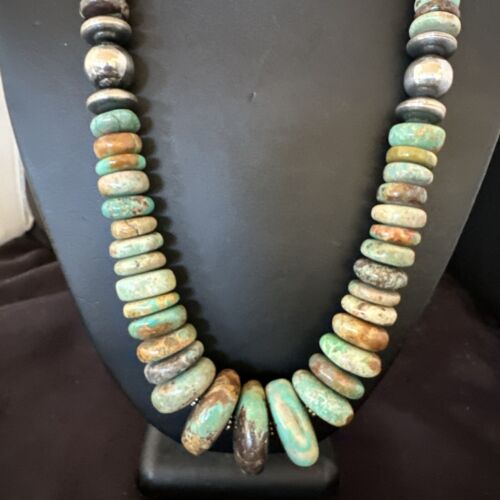 Navajo Green Turquoise Graduated Necklace | Sterling Silver Pearls | Authentic Native American | 21" | 17004