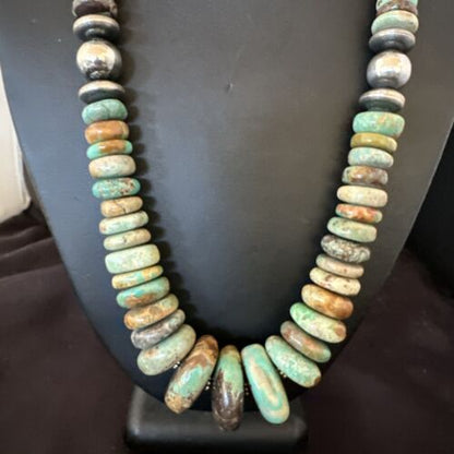 Navajo Green Turquoise Graduated Necklace | Sterling Silver Pearls | Authentic Native American | 21" | 17004