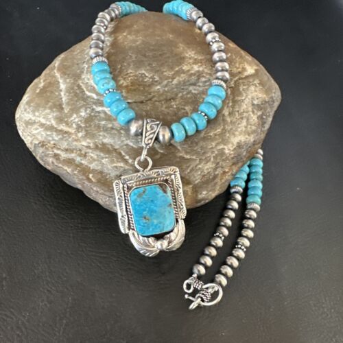 Navajo Blue Turquoise Pendant Necklace | Sterling Silver Pearls | Authentic Native American Handmade | 15420