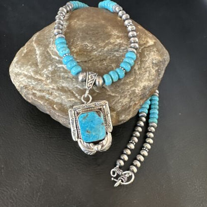 Navajo Blue Turquoise Pendant Necklace | Sterling Silver Pearls | Authentic Native American Handmade | 15420