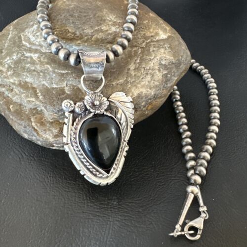 Navajo Pearls Black Onyx Necklace | Sterling Silver | Authentic Native American Handmade | 16130