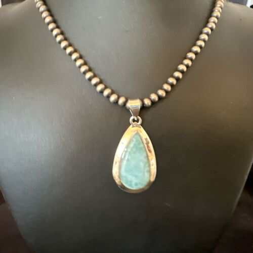 Navajo Blue Larimar Pendant Necklace | Sterling Silver Beads | Authentic Native American Handmade | 16963