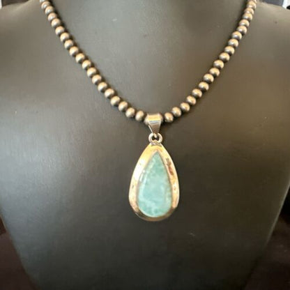 Navajo Blue Larimar Pendant Necklace | Sterling Silver Beads | Authentic Native American Handmade | 16963