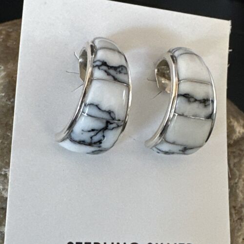 Navajo White Buffalo Turquoise Inlay Earrings | Sterling Silver | 0.5" | 16742