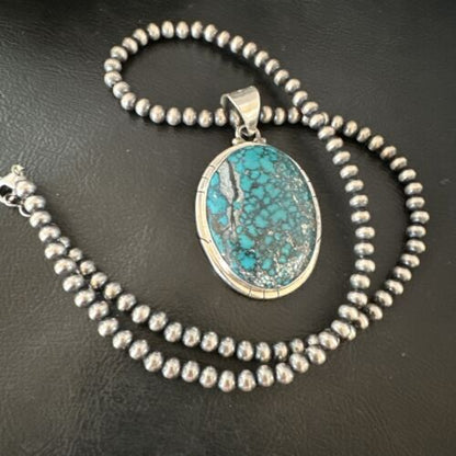 Men's Navajo Blue Spiderweb Turquoise Pendant Necklace | Sterling Silver | Authentic Native American Handmade | 16193