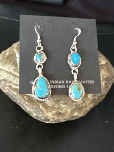 Kingman Turquoise Dangle Earrings | Navajo Handmade | Sterling Silver | Authentic Native American | 14867