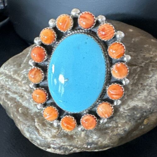 Navajo Women's Cluster Turquoise Spiny Oyster Ring | Authentic Native American Sterling Silver | Multi-Stone | Sz 12 | 16026