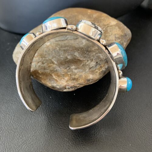 Navajo Kingman White Buffalo Turquoise Row Cuff Bracelet | Sterling Silver | Authentic Native American Handmade