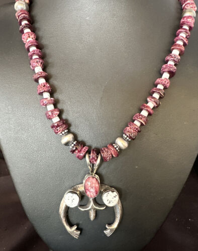 Navajo Purple Spiny Oyster White Buffalo Naja Pendant | Sterling Silver | Authentic Native American Handmade | 15025