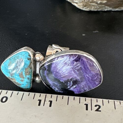 Navajo Blue Turquoise Purple Charoite Ring | Authentic Native American Sterling Silver | Multi-Stone | Sz 8 | 15916