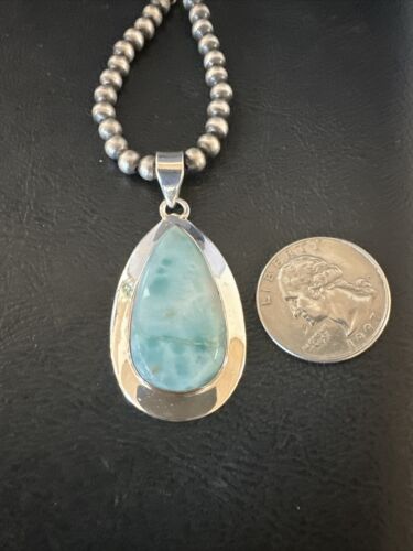 Navajo Blue Larimar Pendant Necklace | Sterling Silver Beads | Authentic Native American Handmade | 17567