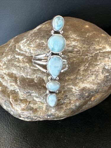 Navajo Women's Cluster Blue Larimar Ring | Authentic Native American Sterling Silver | Multi-Stone | Sz 8 | 16158
