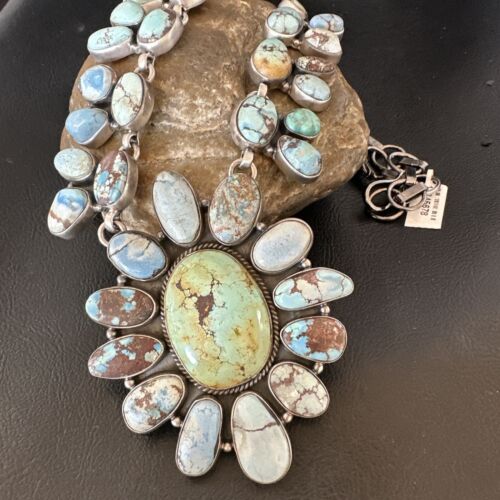 Navajo Blue Golden Hills Turquoise Lariat Necklace Pendant |Authentic Native American Handmade | 16183