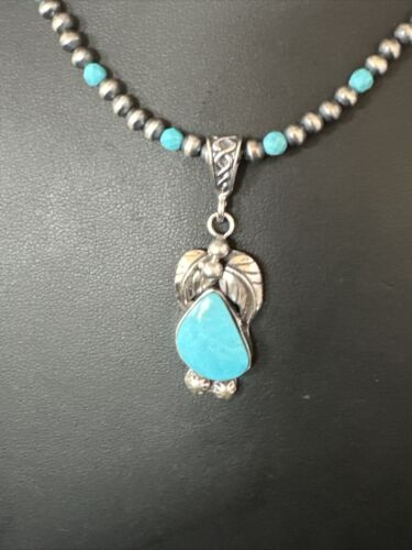 Navajo Pearls Kingman Turquoise Pendant Necklace | Sterling Silver | Authentic Native American Handmade | 14890