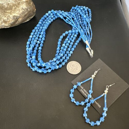 Navajo Blue Denim Lapis Necklace Earrings Set | 5-Strand Sterling Silver | Authentic Native American Handmade | 15772