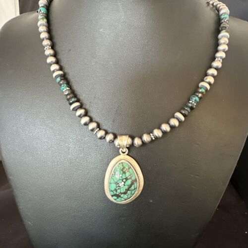 Men's Navajo Blue Spiderweb Turquoise Pendant Necklace | Sterling Silver | Native American Handmade | 16240