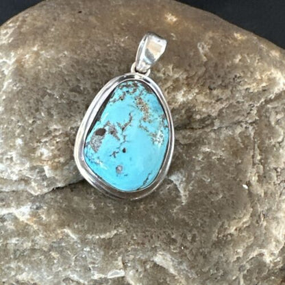 Navajo Blue Bisbee Turquoise Pendant | Sterling Silver | 1" | Authentic Native American Handmade | 17251