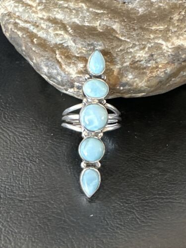Navajo Blue Larimar Cluster Ring | Authentic Native American Sterling Silver | Multi-Stone | Sz 8.5 | 16159