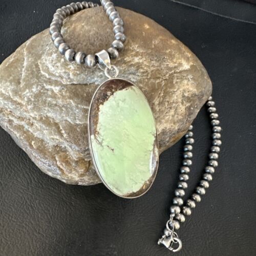 Navajo Green Gaspeite Pendant Necklace | Sterling Silver | Authentic Native American Handmade | 15485