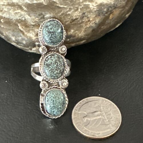 Navajo Blue Spiderweb Turquoise Cluster Ring | Authentic Native American Sterling Silver | Multi-Stone | Sz 9 | 16704