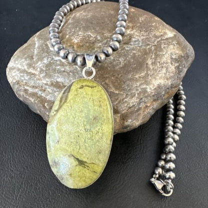 Navajo Green Gaspeite Pendant Necklace | Sterling Silver | Authentic Native American Handmade | 15482