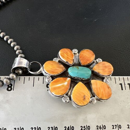 Navajo Blue Turquoise | Spiny Oyster Pendant Necklace | Sterling Silver | Multi-Stone | 16860