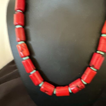 Navajo Red Coral Turquoise Bead Necklace | Sterling Silver | 20" | Authentic Native American Handmade | 16816
