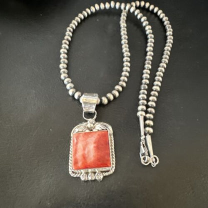 Navajo Red Spiny Oyster Pendant Necklace | Sterling Silver | Authentic Native American Handmade | 16147