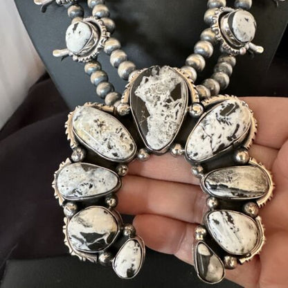 Navajo White Buffalo Turquoise Pendant | Sterling Silver Naja Squash Blossom Necklace | 17442