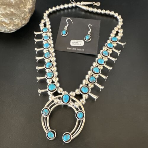 Navajo Kingman Turquoise Shadowbox Squash Blossom Necklace | Sterling Silver | Authentic Native American Handmade | 16091