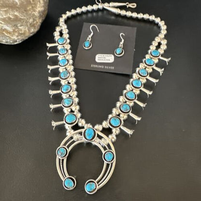 Navajo Kingman Turquoise Shadowbox Squash Blossom Necklace | Sterling Silver | Authentic Native American Handmade | 16091