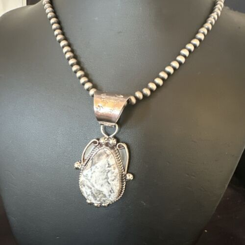 Navajo White Buffalo Turquoise Pendant | Pearl Sterling Silver Necklace | Authentic Native American Handmade | 17043