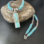 Turquoise #8 Inlay Pendant Necklace | Navajo Sterling Silver | Authentic Native American Handmade | 17121