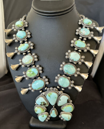 Royston Turquoise Navajo Squash Blossom Necklace & Earrings | Sterling Silver | Native American Handmade | 16536