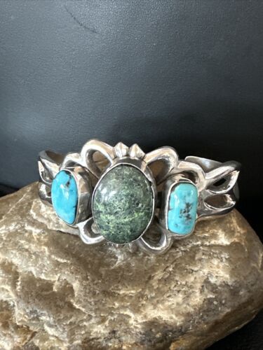 Kingman Turquoise Navajo Cuff Bracelet | Sterling Silver Tufa Cast | Authentic Native American Handmade | 16785