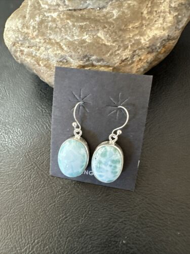 Navajo Blue Larimar Dangle Earrings | Sterling Silver | Authentic Native American Handmade | 17299