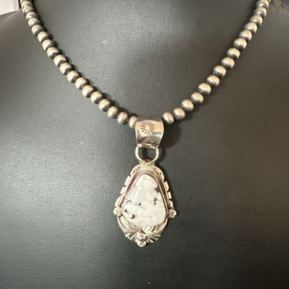 Men's White Buffalo Turquoise Pendant Necklace | Navajo Pearls | Sterling Silver | Native American Handmade | 17335