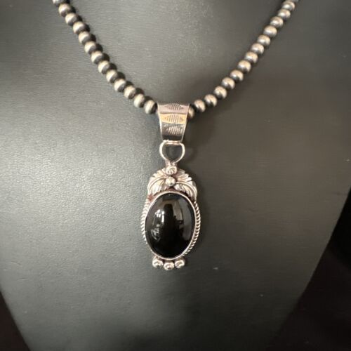 Men's Navajo Pearls Necklace with Black Onyx Pendant | Sterling Silver | Authentic Native American Handmade | 15367