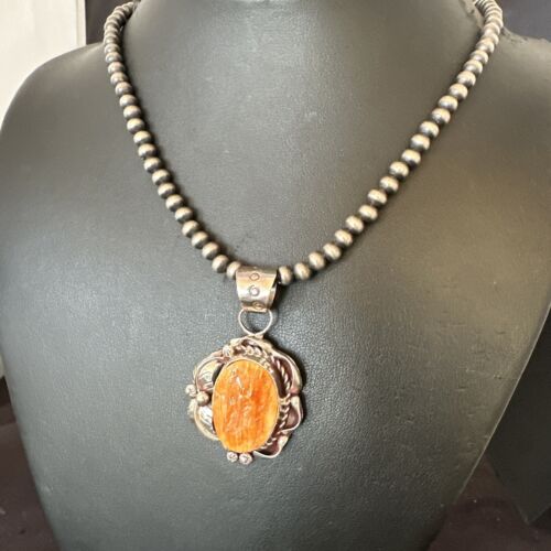Navajo Orange Spiny Oyster Pendant Necklace | Sterling Silver Pearls | Authentic Native American Handmade | 16558