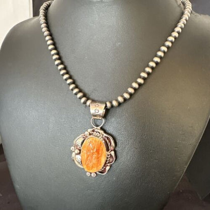 Navajo Orange Spiny Oyster Pendant Necklace | Sterling Silver Pearls | Authentic Native American Handmade | 16558