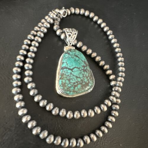 Navajo Blue Spiderweb Turquoise Pendant Necklace | Sterling Silver Pearls | Authentic Native American Handmade | 15571