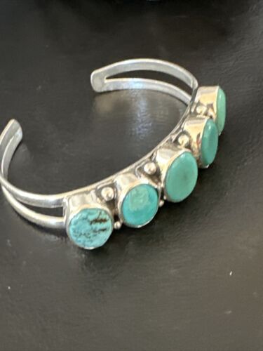 Women's Blue Turquoise 5-Stone Cuff Bracelet | Navajo Sterling Silver | Authentic Native American Jewelry | 16281