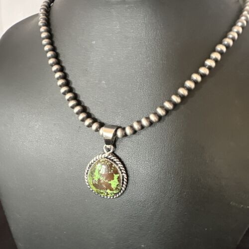 Navajo Green Gaspeite Pendant Necklace | Sterling Silver | Authentic Native American Handmade | 16362