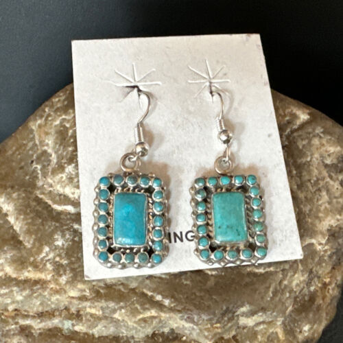 Navajo Blue Turquoise Dangle Earrings | Sterling Silver | Authentic Native American Handmade | 15439