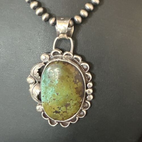 Navajo Green Turquoise Pendant Necklace | Sterling Silver | Authentic Native American Handmade | 15040