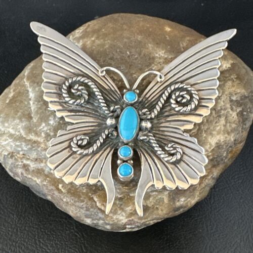 Navajo Butterfly Blue Turquoise Pin Pendant | Sterling Silver | Authentic Native American Handmade | 15232