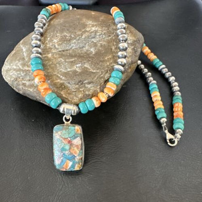Navajo Spiny Turquoise Pendant Necklace | Sterling Silver | 22" | Authentic Native American Handmade | 17431