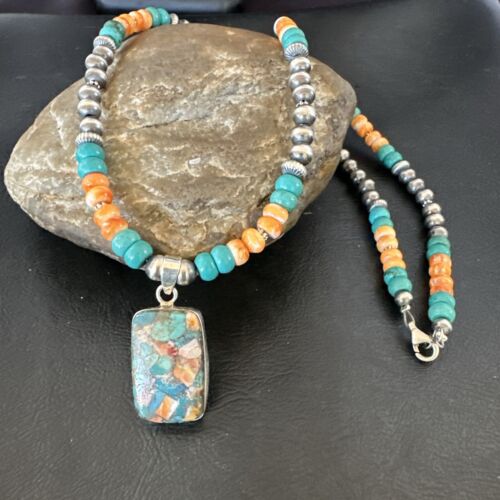 Navajo Spiny Turquoise Pendant Necklace | Sterling Silver | 22" | Authentic Native American Handmade | 17431