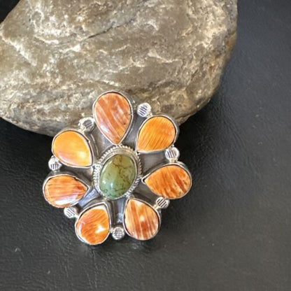 Navajo Green Turquoise Spiny Multi-Stone Cluster Ring | Authentic Native American Sterling Silver | Sz 10.5 | 16717 - Masha USA