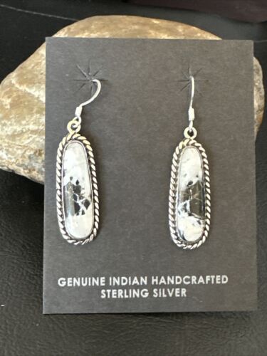 Navajo White Buffalo Turquoise Dangle Earrings | Sterling Silver | Authentic Native American Handmade | 16515